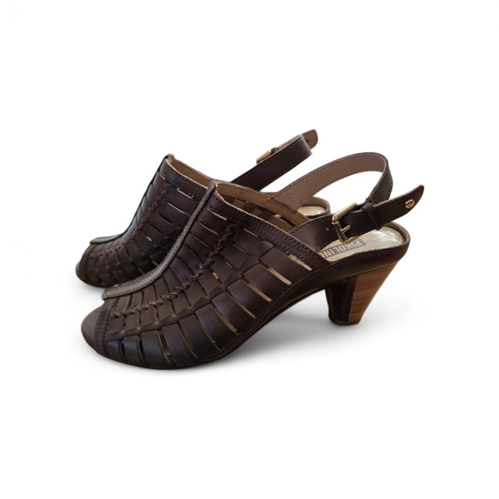 Pikolinos Java Brown Woven Leather Slingback Heels - EU 39